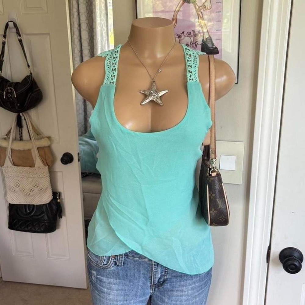 Y2K 2000s fairy pastel turquoise Crochet Strap Asymmetrical Tank Top